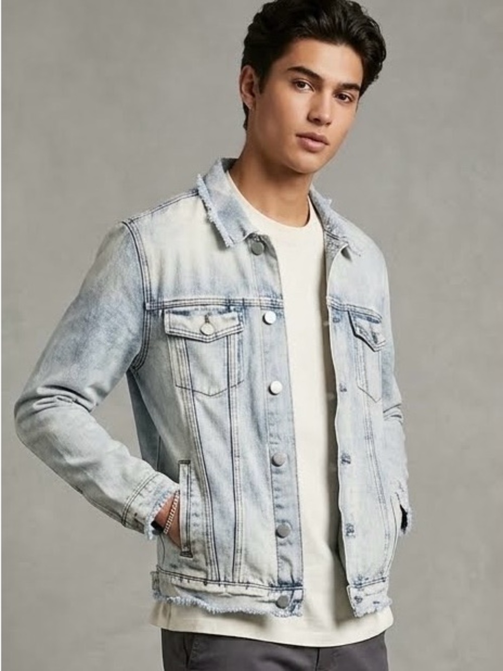 Forever 21 Light Wash Distressed Raw Hem Jean Jacket Oversized M